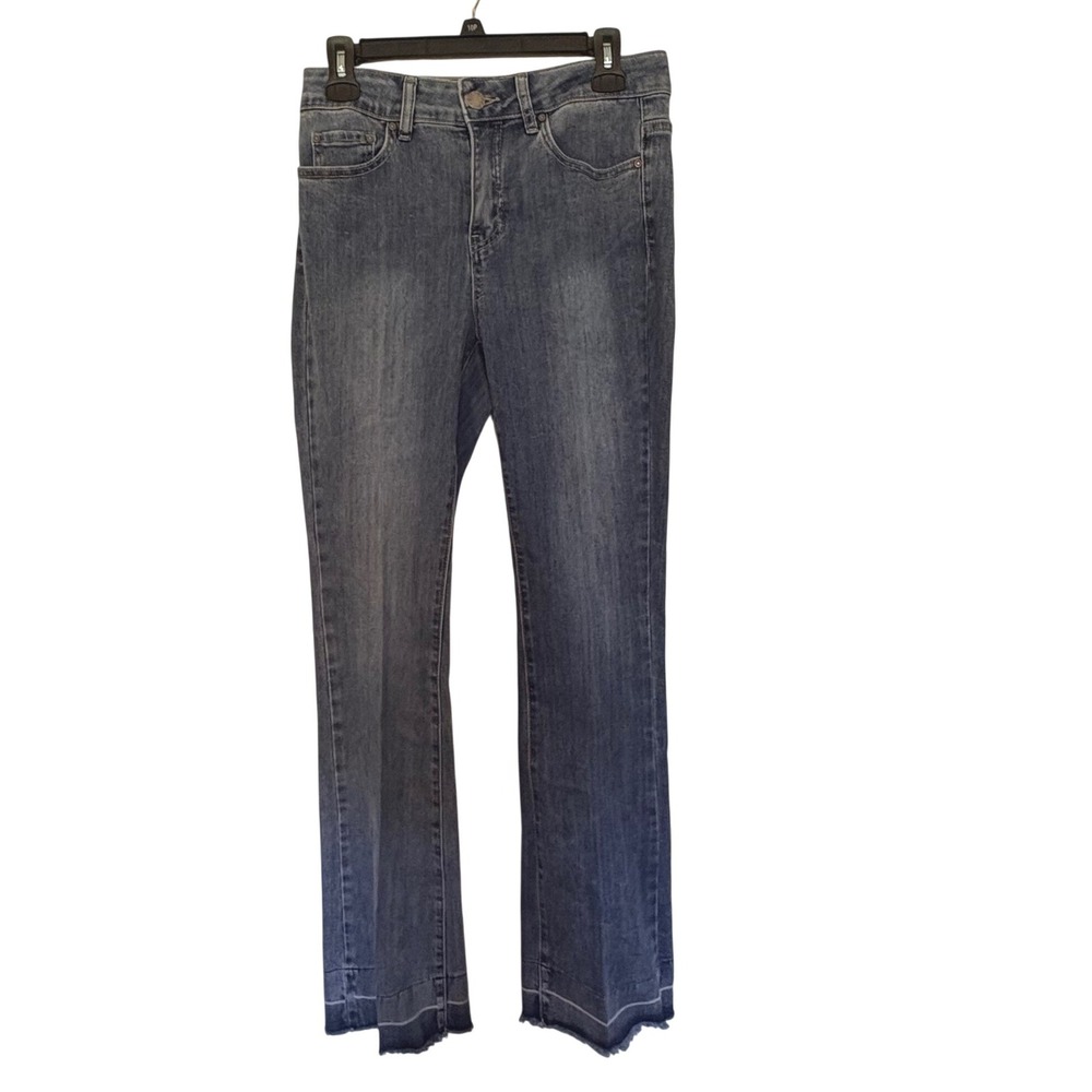 Charlie B Mid Rise Flare Jeans 4 Frayed Raw Hem Blue Denim Stretch Cowgirl Retro
